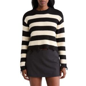 NWT VERO MODA Mercer Stripe Distressed Sweater Black White Medium